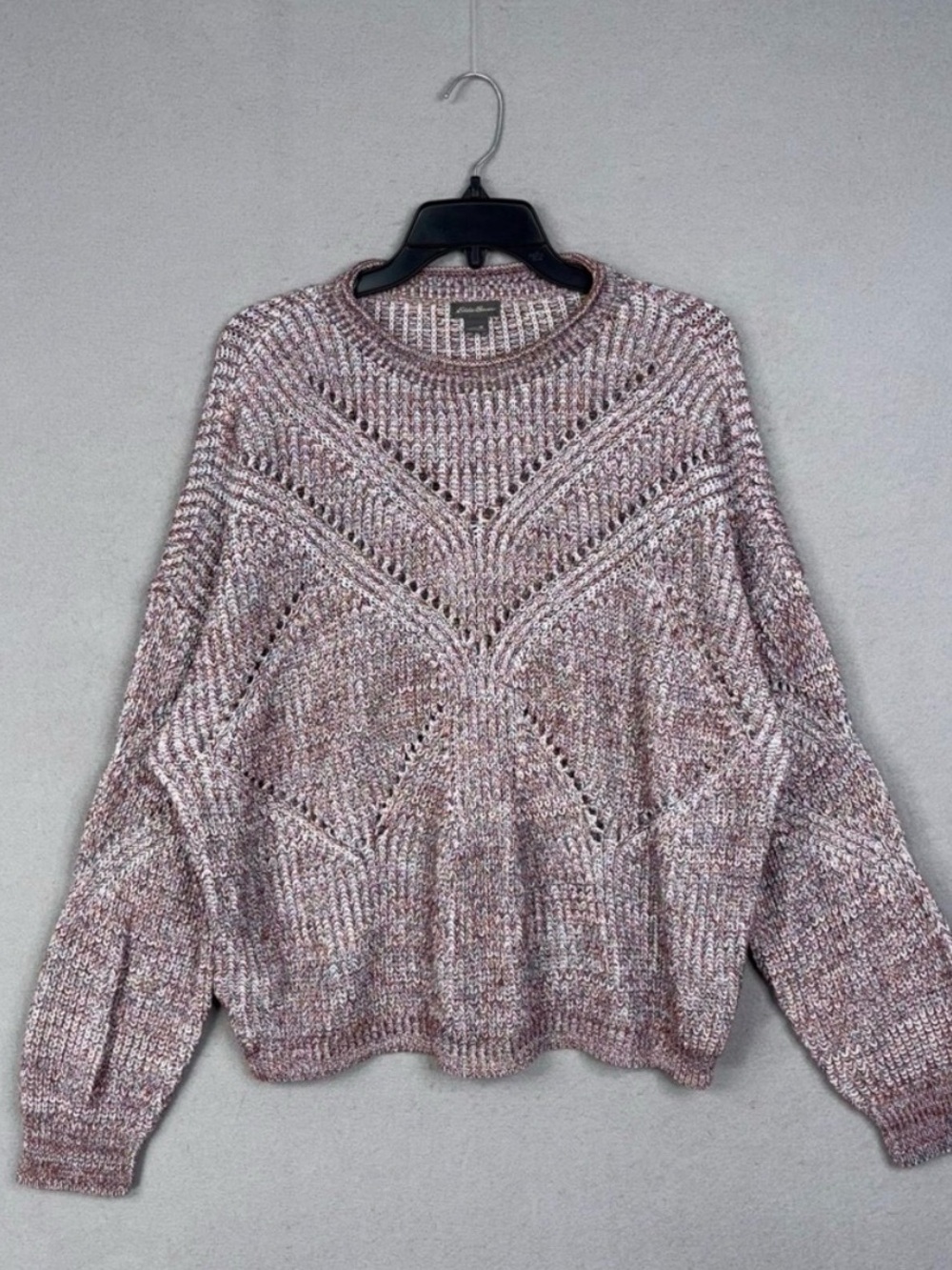 Eddie Bauer Sweater Womens Medium Pink Multi Pointelle Knit Cotton Blend Boho